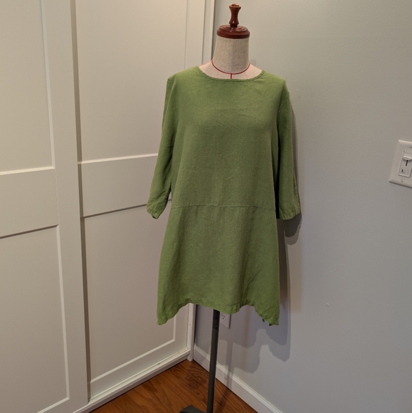 Bryn Walker Green Tunic High -Low A Line 3/4 Sleeve 100% Linen Lagenlook Size Sm - Picture 1 of 8
